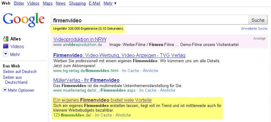 Suche nach Firmenvideo Ergebnis bei Google